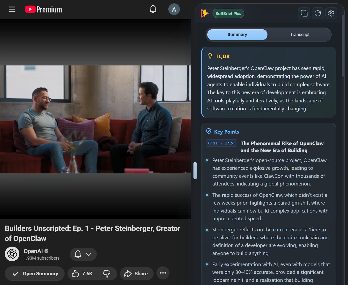 BoltBrief English summary panel showing TL;DR, key points, and timestamped sections.